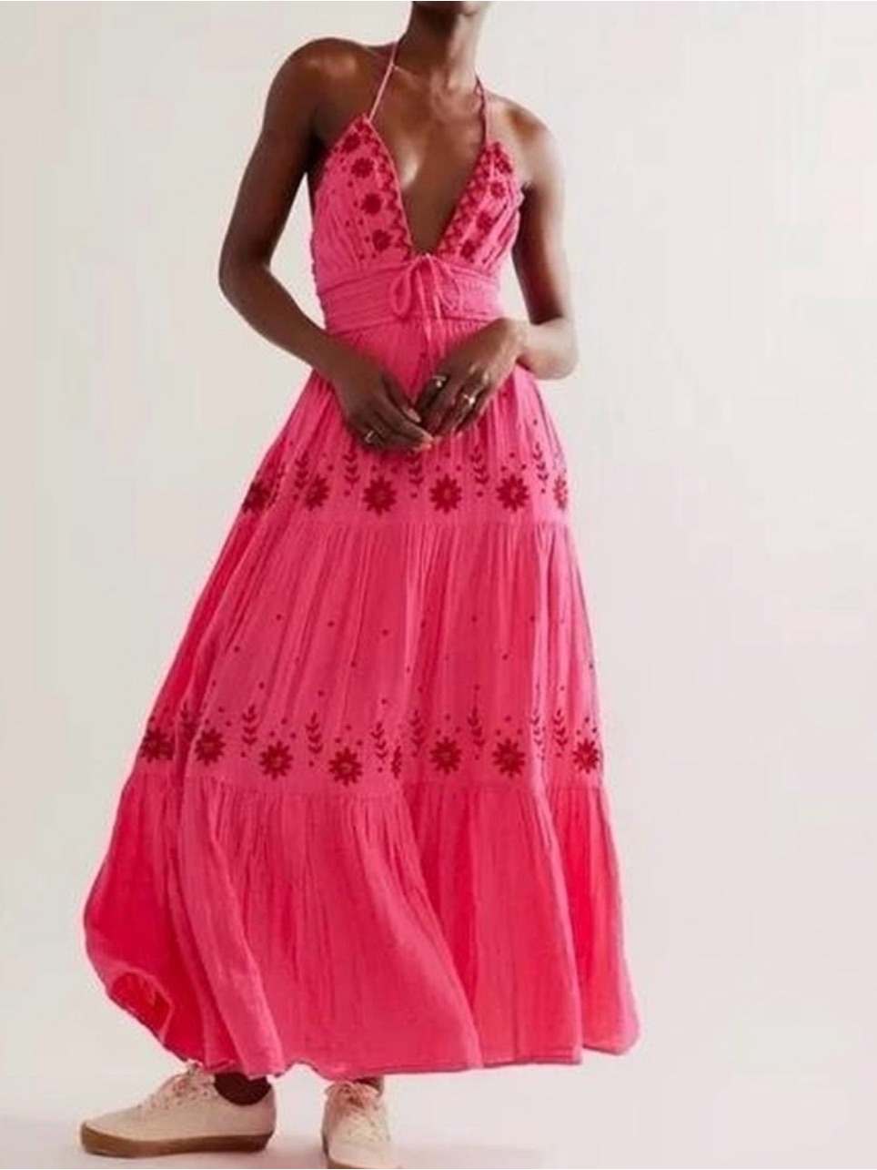 Free People Fuchsia Halter Embroidered Maxi Dress
